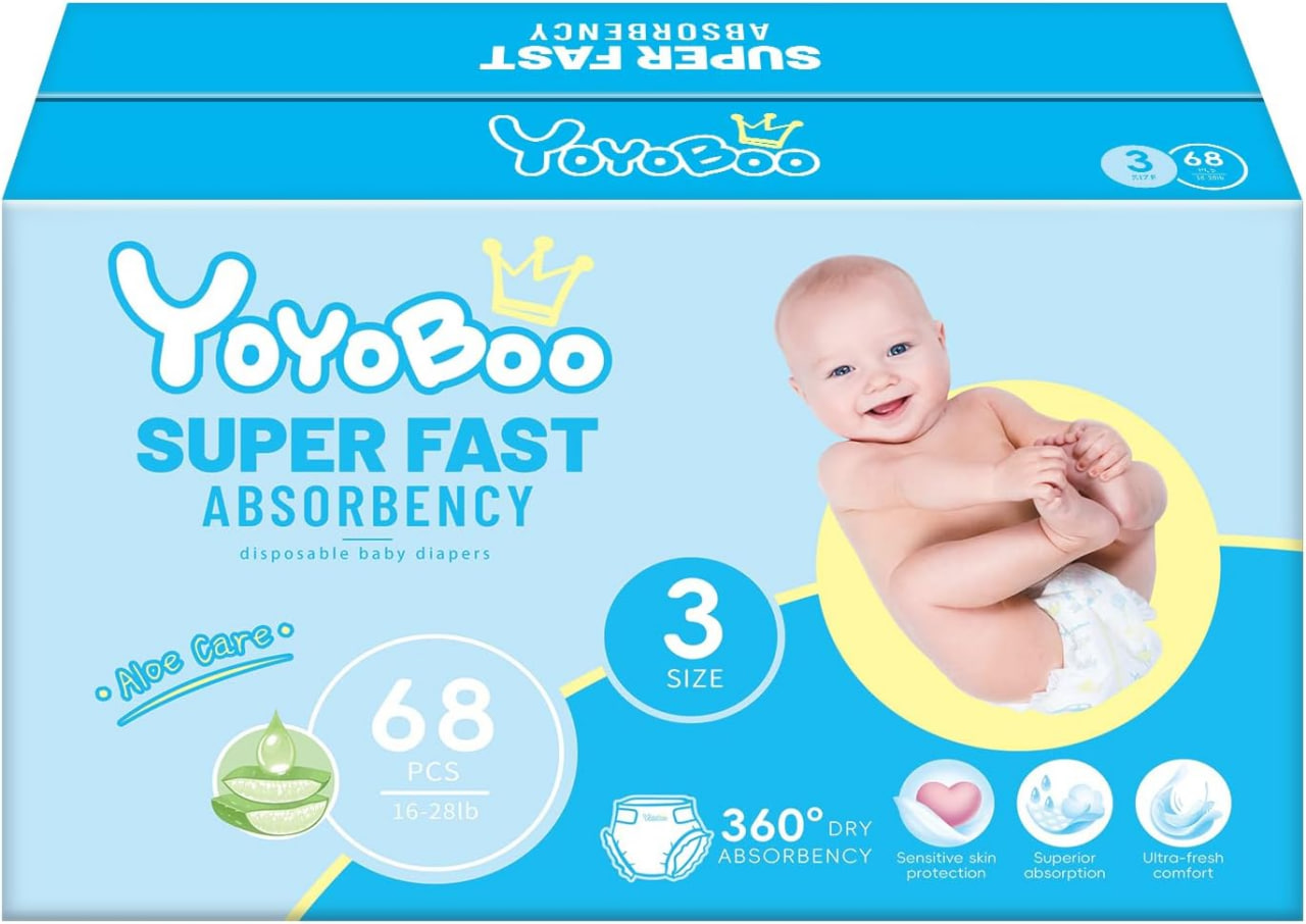 一次性婴儿纸尿裤，低致敏性，超强吸收，轻薄设计，增强防漏保护，3号，68片装